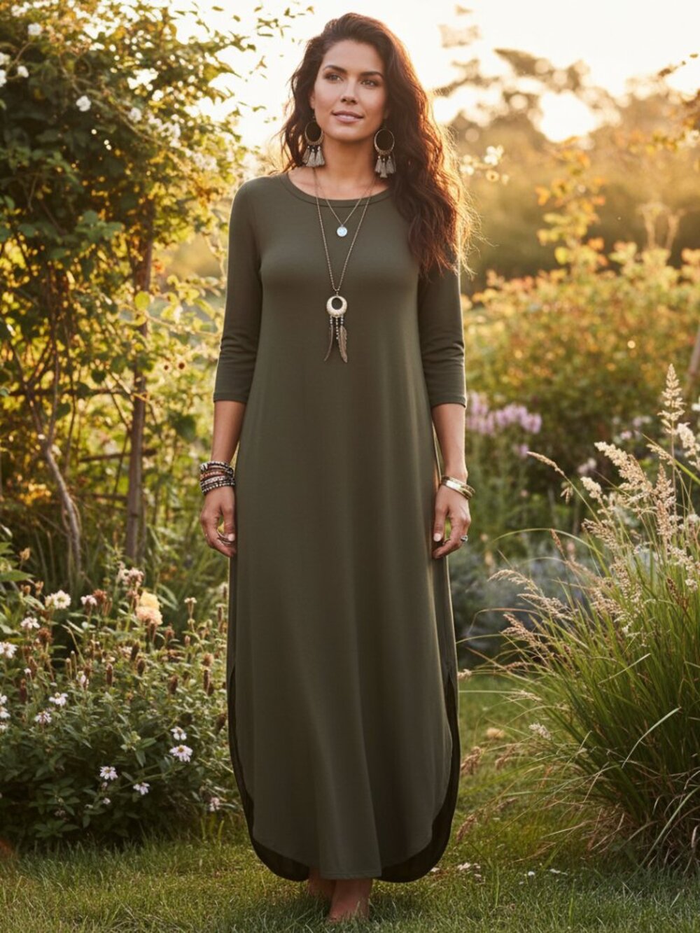Zenana M Maxi Dress‎ Green Jersey Knit Pockets Stretch Cottage Boho Earthy Chic